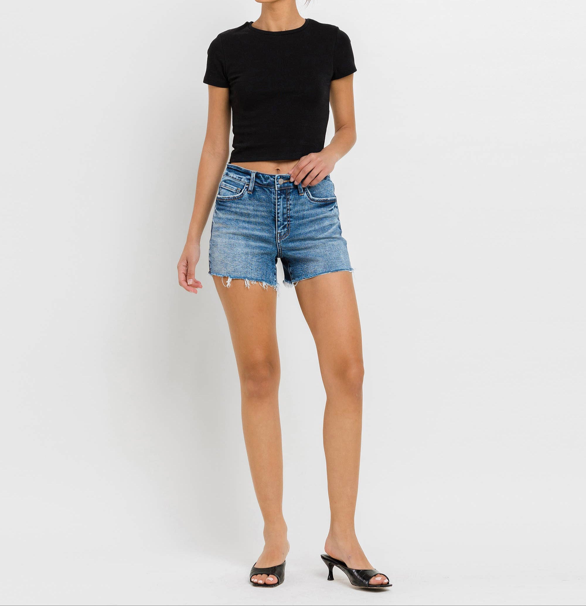 Rebecca - High Rise Raw Hem Denim Shorts